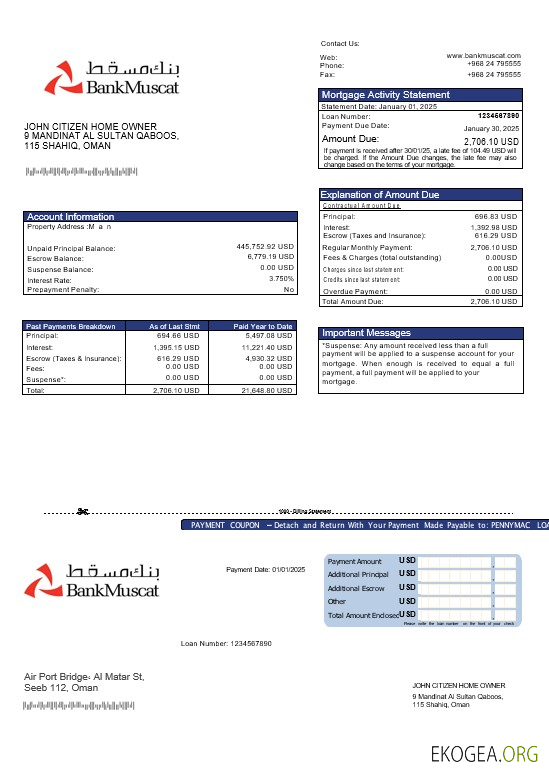 Relevé hypothécaire d'Omani Bank Muscat aux formats Word et PDF